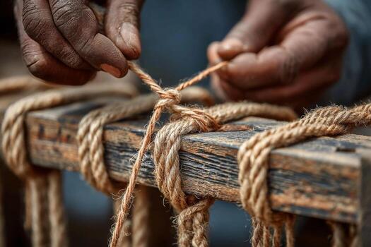 A man is tying a rope to a wooden frame photo
