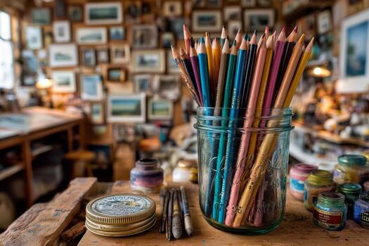 A jar of colored pencils sits on a table in front of a wall of paintings photo