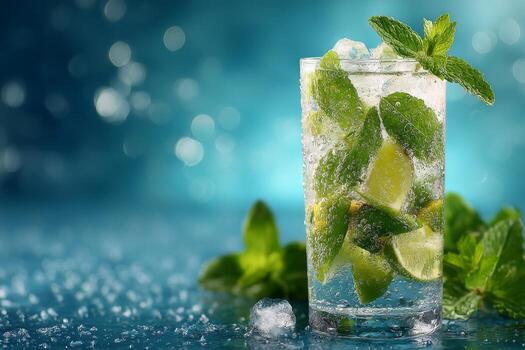 Mojito cocktail with lime and mint on blue background photo