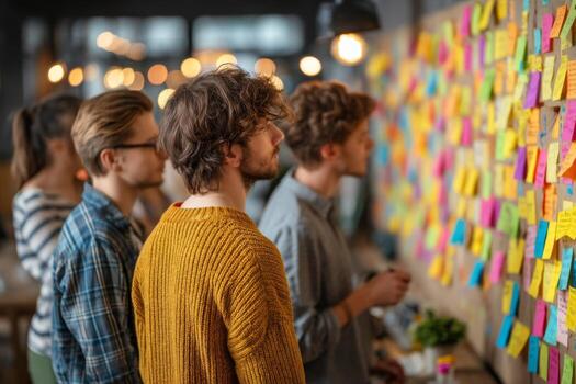 People standing in front of a wall with post it notes photo