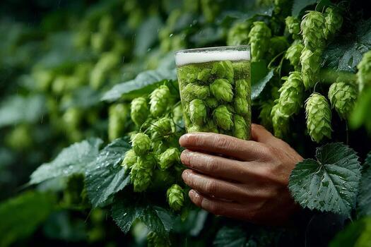 A person holding a glass of beer in front of a plant with hops photo