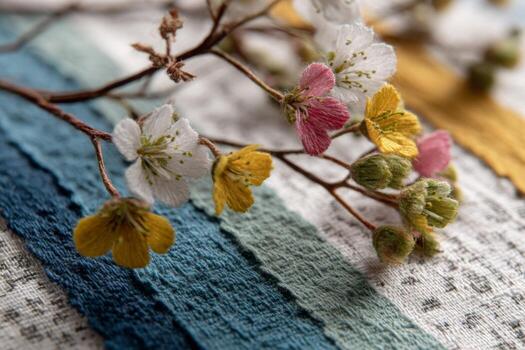 A branch of flowers with a few different colors photo