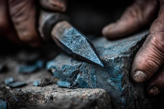 A person is using a knife to cut a piece of stone photo