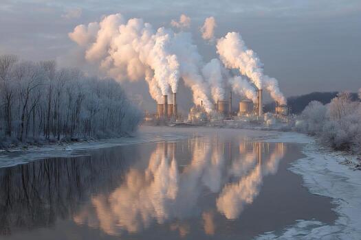 A river with ice on it and smoke coming out of the chimneys photo