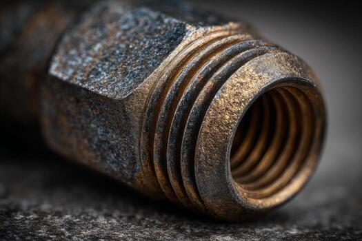 A rusty metal pipe with a nut on top photo