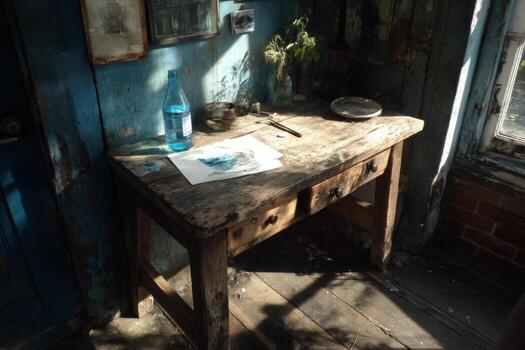 A table with a blue bottle on it photo