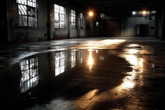 An empty warehouse with a puddle of water on the floor photo