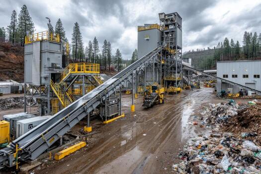 A large industrial plant with garbage and a conveyor belt photo
