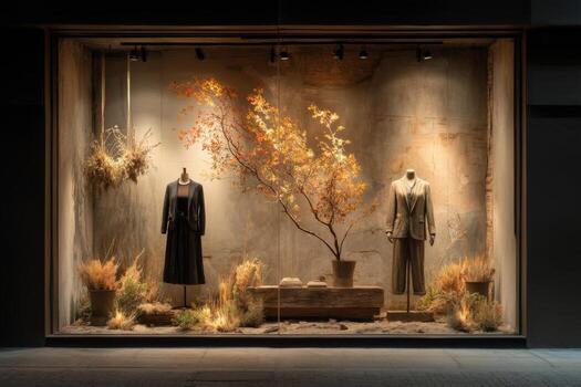 A window display with a tree and clothes photo