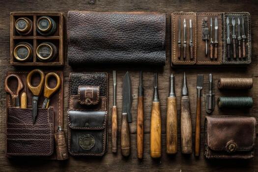 A collection of leather tools on a wooden table photo