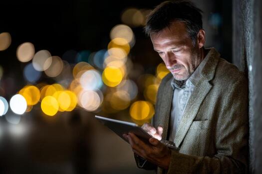 A man in a suit is using a tablet computer at night photo