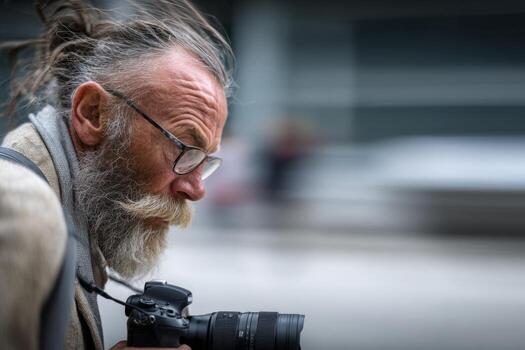 A man with a beard and glasses holding a camera photo