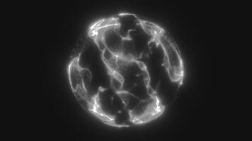 Abstract glowing white sphere with particle wave patterns, futuristic digital orb floating in dark space video