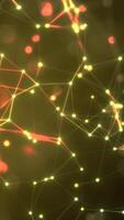 Abstract glowing yellow and red digital network with connected points and light particles on dark background video