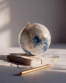 Clean minimalist arrangement of globe notebook and pencil on desk soft daylight neutral background suitable for study workspace and educational theme photo