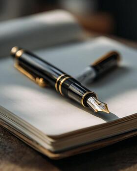 Close up of fountain pen on open notebook with soft daylight shallow depth of field professional minimalist photography for writing and study concept photo