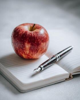 limpiar minimalista plano laico fotografía de abierto cuaderno fuente bolígrafo y Fresco manzana en blanco antecedentes suave difundido natural ligero adecuado para estudiar concepto foto
