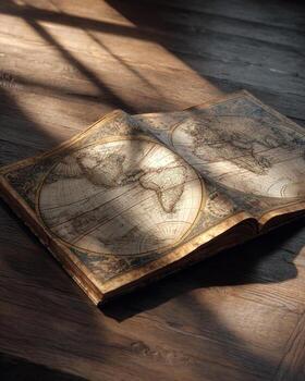 Ancient world map opened on clean wooden table with bright sunlight streaming in minimalist design symbol of journey exploration and discovery in hyper realistic detail photo