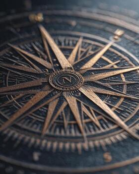 Hyper realistic close up of compass rose detailed artwork on bright minimalist background with modern design aesthetic symbolizing navigation exploration travel and journey representation photo