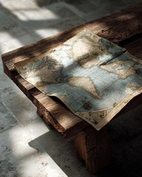Hyper realistic detailed photograph of ancient world map placed on wooden table with sunlight streaming in minimalist modern look representing travel history and exploration photo