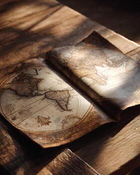 Minimalist modern concept of ancient world map unfolded on bright wooden table with sunlight symbolizing exploration journey adventure history travel hyper realistic sharp image photo