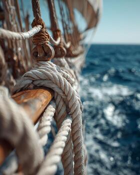 Hyper realistic sharp close up of ship mast ropes and sails with clear sky background minimalist modern design symbol of sailing travel navigation adventure and exploration journey photo