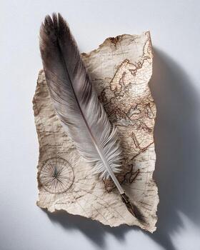 Hyper realistic detailed photography of feather quill writing on parchment map displayed on white table minimalist clean style representing exploration navigation discovery and historical travel photo