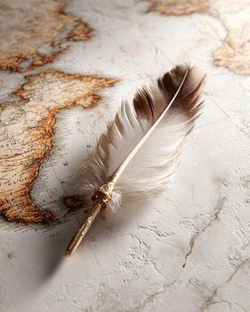 Feather quill on parchment map close up elegant clean minimalist composition with bright white table symbolizing navigation exploration writing discovery and maritime tradition hyper realistic sharp photo