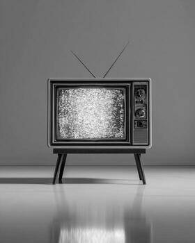 Retro black and white television with static noise on screen placed on bright minimalist surface with clean glowing background in hyper realistic detail photo