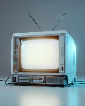 Retro styled television set with glowing screen displayed on minimalist bright white surface professional studio lighting hyper realistic photography in sharp photo