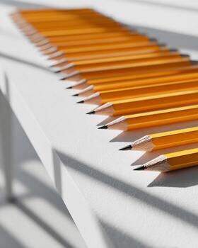 Bright white desk with row of pencils neatly placed in sunlight symbolizing knowledge learning and empowerment hyper realistic sharp photography image photo