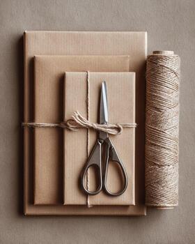 Overhead view of minimalist flat lay with scissors twine and kraft paper highlighting small business creativity hyper realistic sharp photo