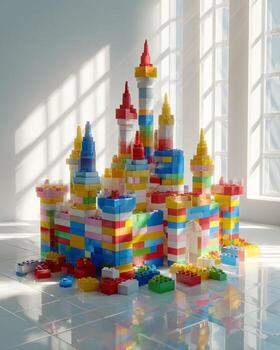 Bright minimalist floor with colorful toy castle built from blocks playful sunlight scene symbolizing childhood creativity imagination and joyful learning hyper realistic sharp photo