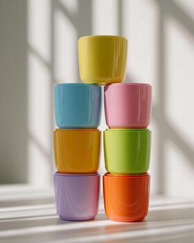 Neatly arranged colorful stacking cups on white desk bright playful background symbolizing childhood joy early learning and playful toys hyper realistic sharp photo
