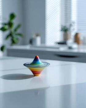 Bright minimalist desk with spinning top toy cheerful playful scene symbolizing childhood fun imagination and learning hyper realistic sharp photo