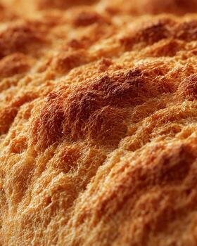 Detailed macro close up of bread crust with golden brown baked surface photographed in bright light with clean setup sharp texture and hyper realistic food photography photo