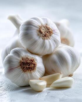 Hyper realistic macro close up of garlic bulbs and cloves placed on white surface with bright soft light clean background and sharp detailed food texture photography photo