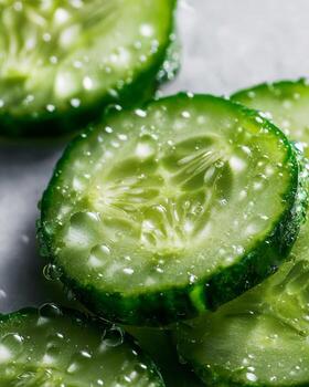 Close up of fresh green cucumber slices with water droplets captured in bright daylight setup showing sharp hyper realistic texture and clean minimalist food photography photo