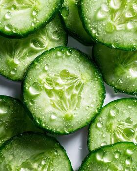 Fresh cucumber slices with sparkling water droplets photographed in close up under bright daylight with sharp hyper realistic detail and clean minimalist food photography photo
