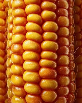 hiper realista cerca arriba de dorado maíz granos en mazorca iluminado con brillante directo Encendiendo limpiar antecedentes y agudo profesional comida fotografía demostración textura foto