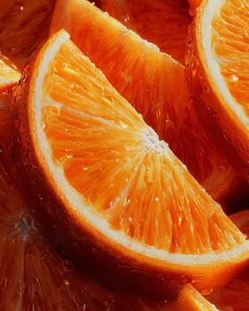 Hyper realistic close up of orange slices with juicy bright texture illuminated with top lighting clean minimalist background and sharp professional food photography photo
