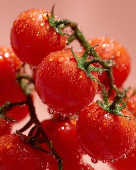 Close up photography of fresh cherry tomatoes with glossy surface and vibrant red color captured under bright studio light with clean background and sharp hyper realistic food detail photo