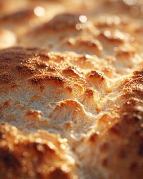 Macro shot of freshly baked bread crust showing golden brown surface texture captured under bright lighting with clean setup sharp hyper realistic food detail and professional photography photo
