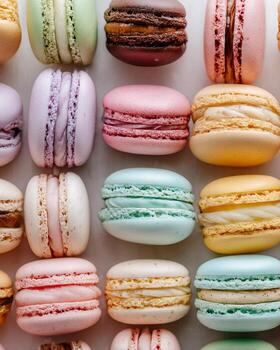 Close up shot of assorted pastel macarons arranged neatly on white surface with bright natural lighting clean minimalist background sharp texture and hyper realistic high quality food photography photo