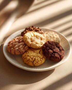 Macro shot of assorted cookies arranged on white ceramic plate photographed with bright studio light in clean minimal setup featuring sharp hyper realistic food photography detail photo