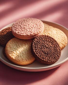 Assorted cookies in various shapes and textures placed on white ceramic plate photographed macro close up in bright light with sharp hyper realistic clean food photography detail photo