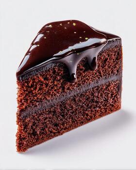 Macro close up photography of chocolate cake slice with glossy ganache topping captured in bright top lighting on clean white background with sharp hyper realistic dessert detail photo