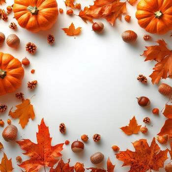 Decorative Autumn Pumpkins Surrounded by Colorful Leaves and Nuts on a White Background. photo