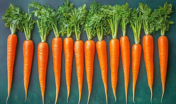Freshly Harvested Carrots Lined up on a Green Surface for Farm-To-Table Presentation photo