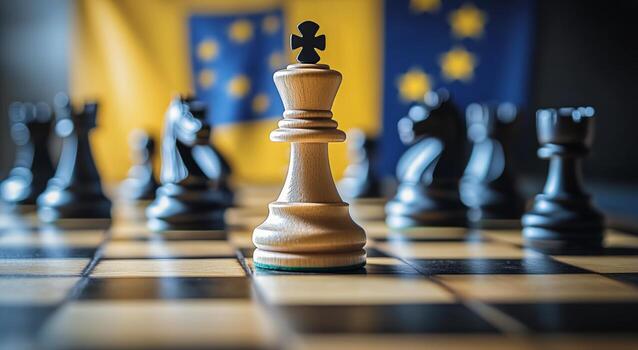 Chess Game in Progress With Wooden Pieces on a Checkerboard and Flags in the Background photo